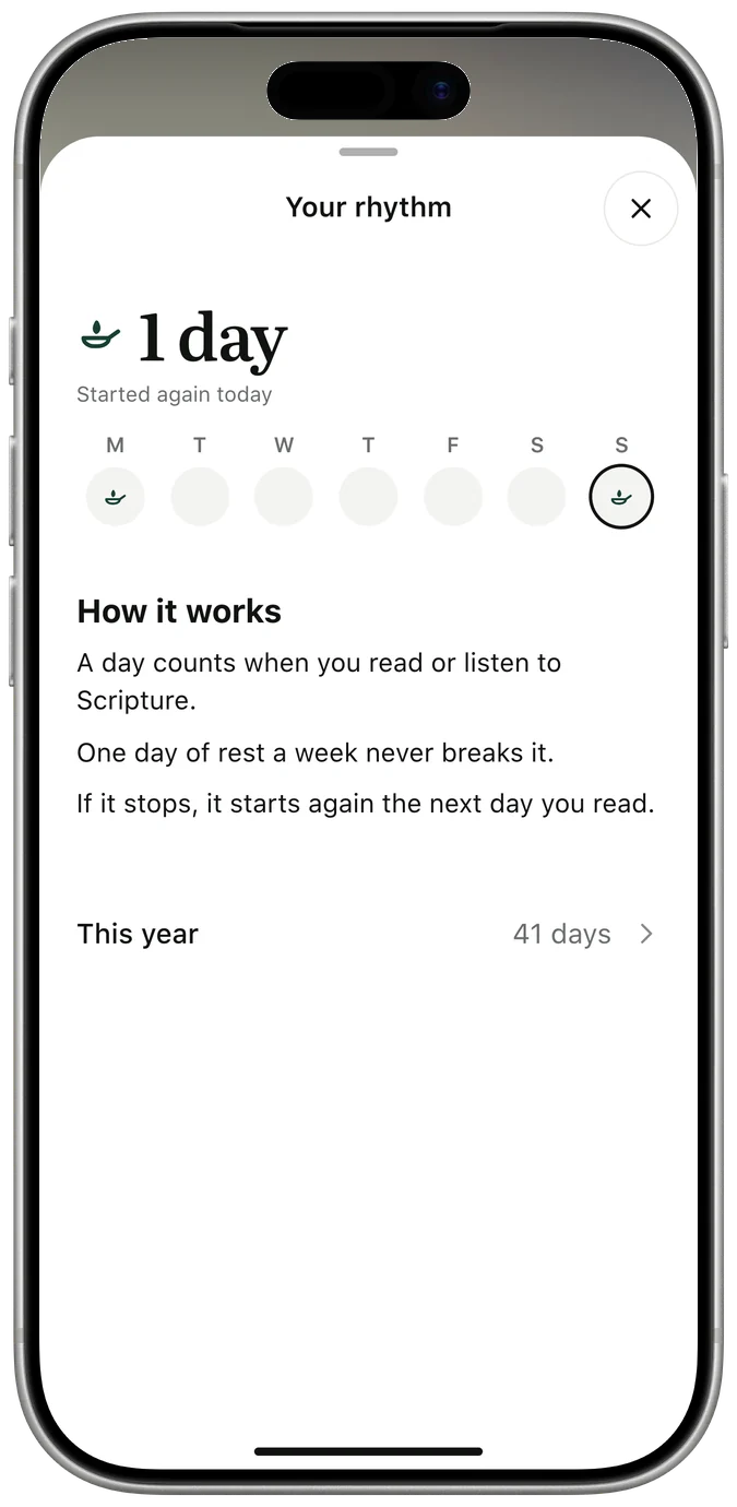 Your rhythm: the lamp and 1 day, the week’s dots, and How it works: a day counts when you read or listen to Scripture; one day of rest a week never breaks it; if it stops, it starts again the next day you read.